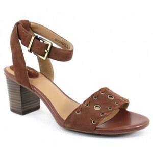 CLARKS Women's RALENE SHEEN Sandals w/Stacked Heel DARK TAN SUEDE  9 M